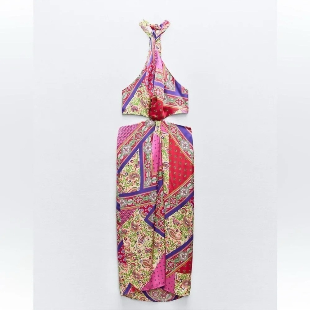 ZARA PATCHWORK PRINTED HALTER NECK MIDI DRESS